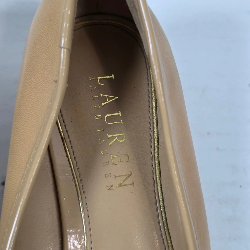 Lauren Ralph Lauren Tan Leather Peep Toe Wedge Heels Buckle Detail Beige Pumps
